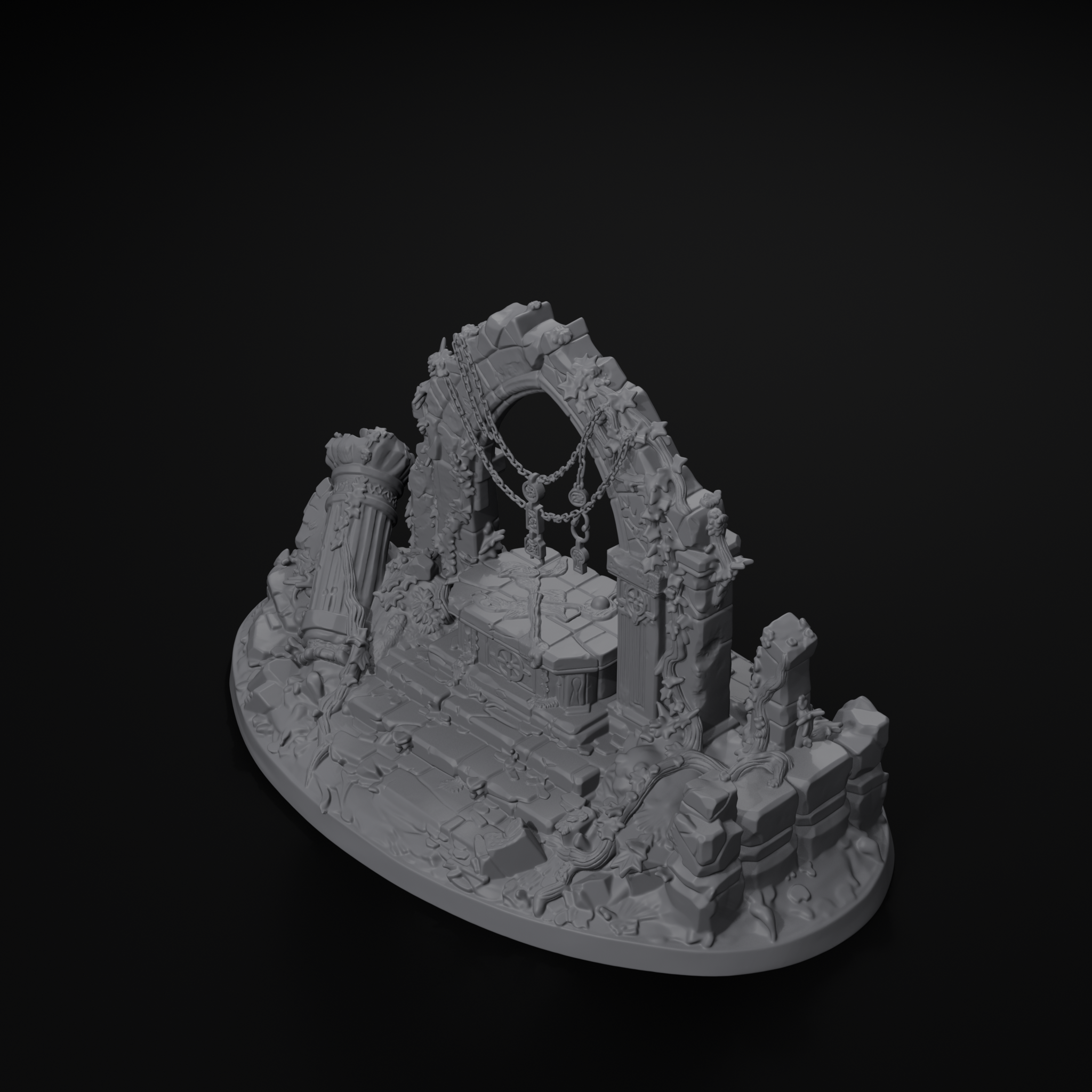 Ruined shrine terrain centerpiece for D&D, isometric view, unpainted resin
