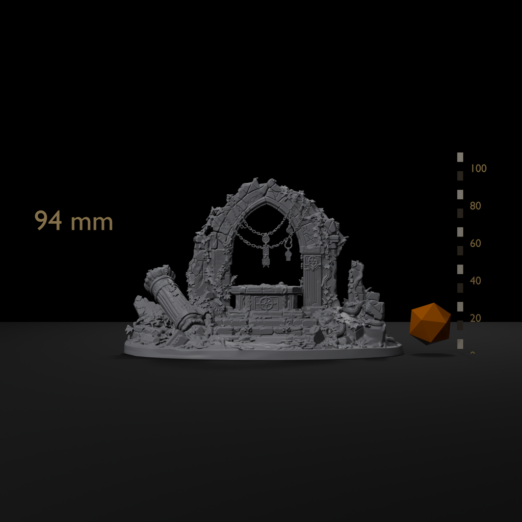 Ruined shrine terrain centerpiece for D&D size reference beside a 20mm d20 and a millimeter scale bar