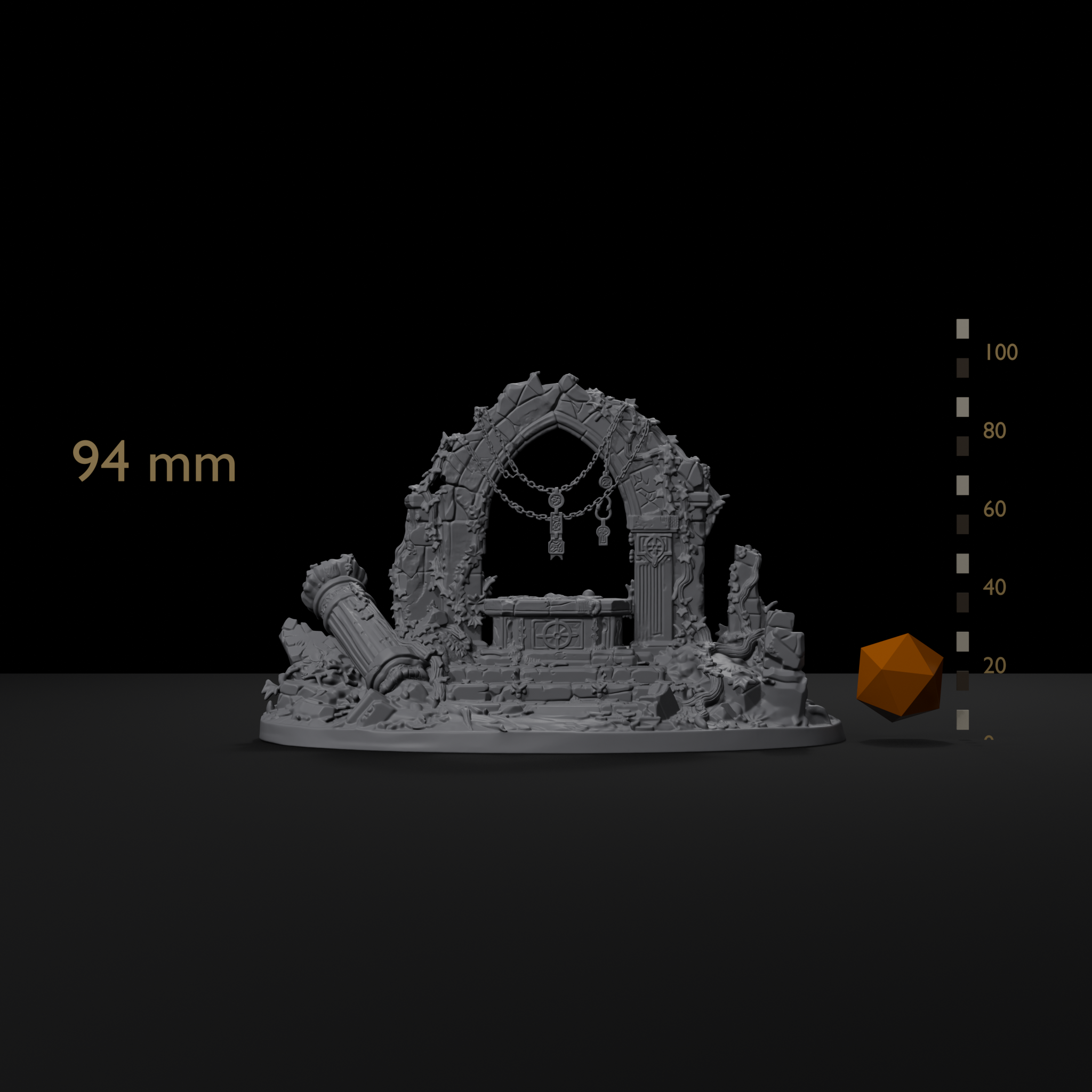 Ruined shrine terrain centerpiece for D&D size reference beside a 20mm d20 and a millimeter scale bar