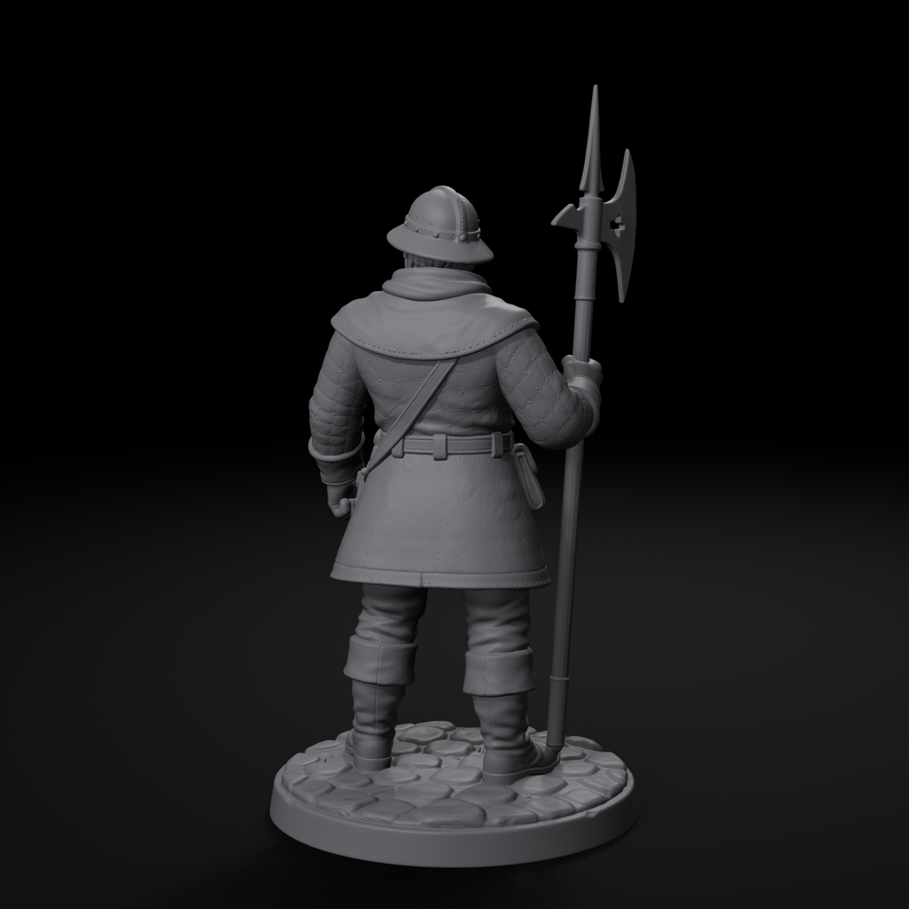 Town guard NPC D&D miniature, back view, unpainted resin