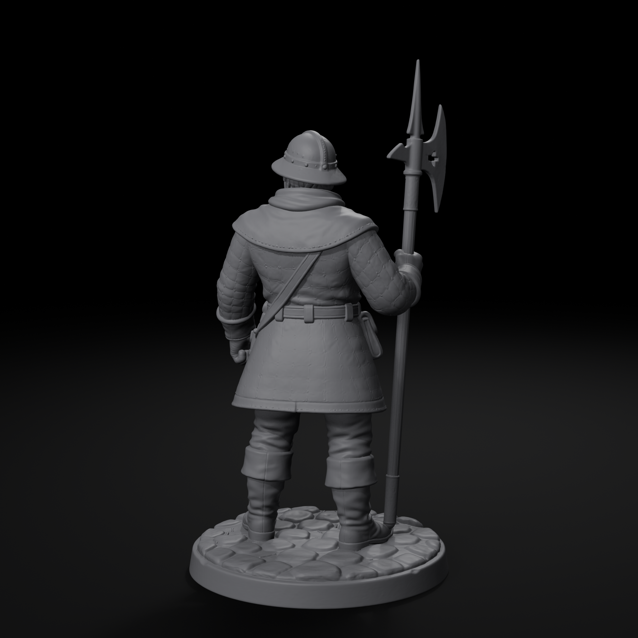 Town guard NPC D&D miniature, back view, unpainted resin