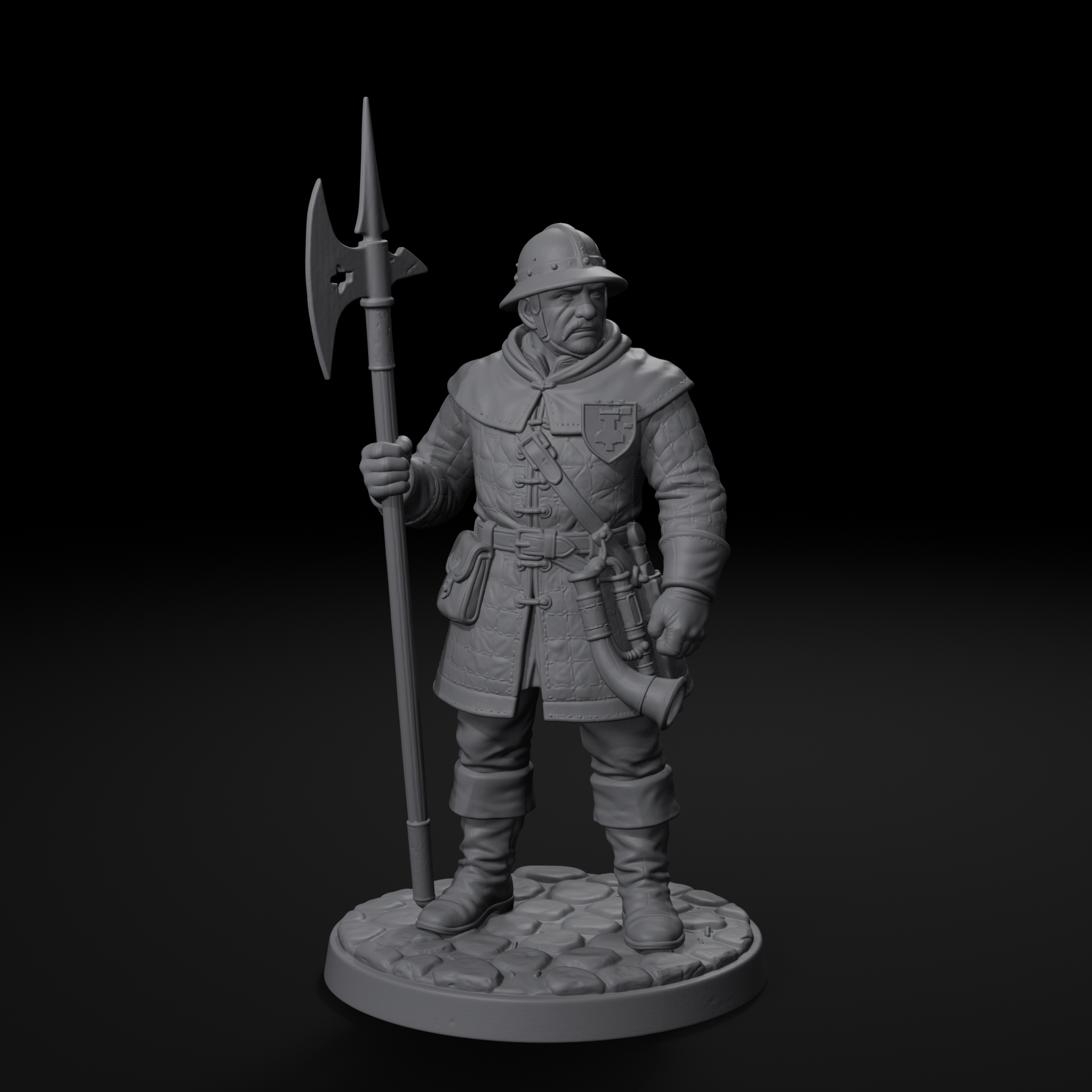 NPC Pack — town guard miniature, front view, unpainted resin