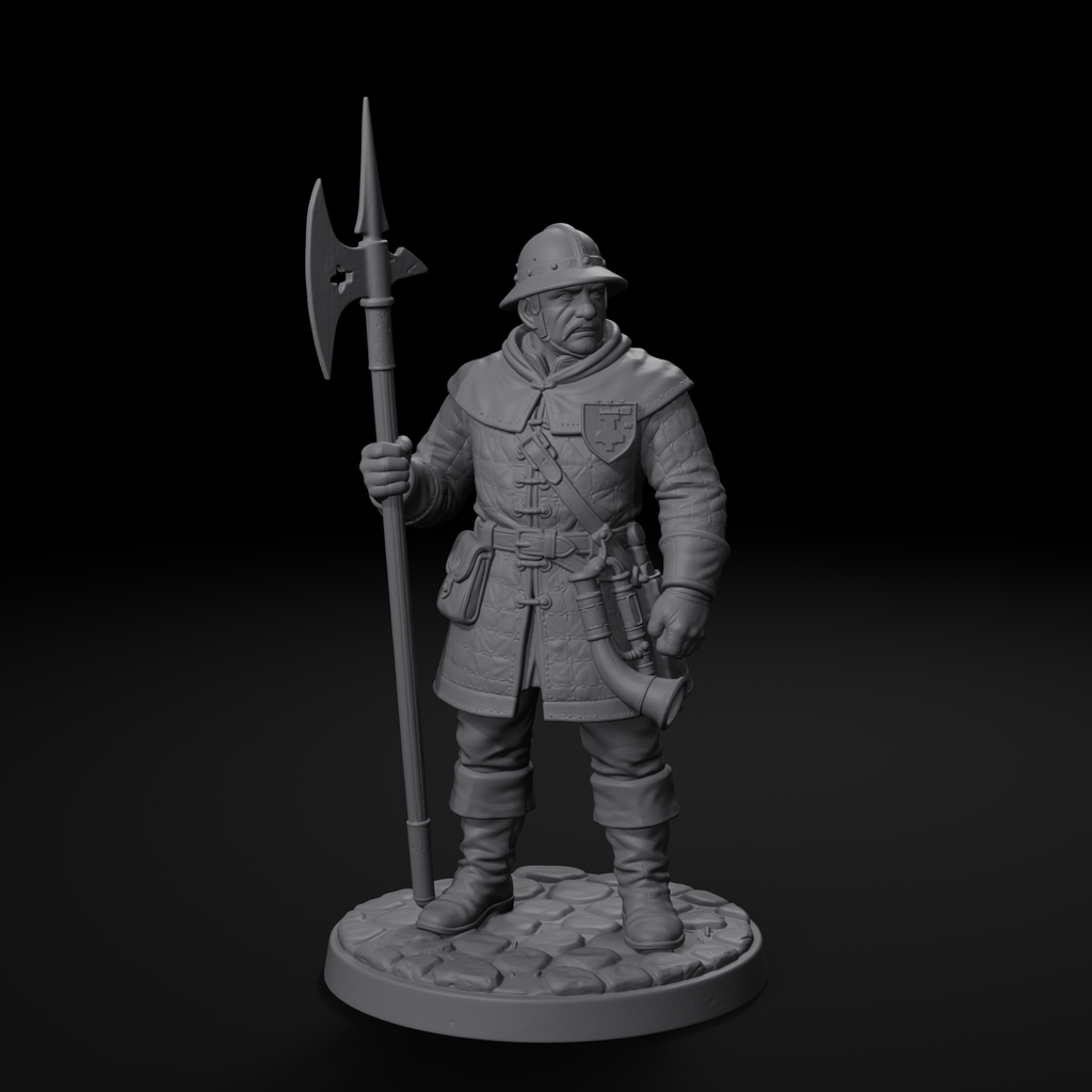 Town guard NPC D&D miniature, front view, unpainted resin