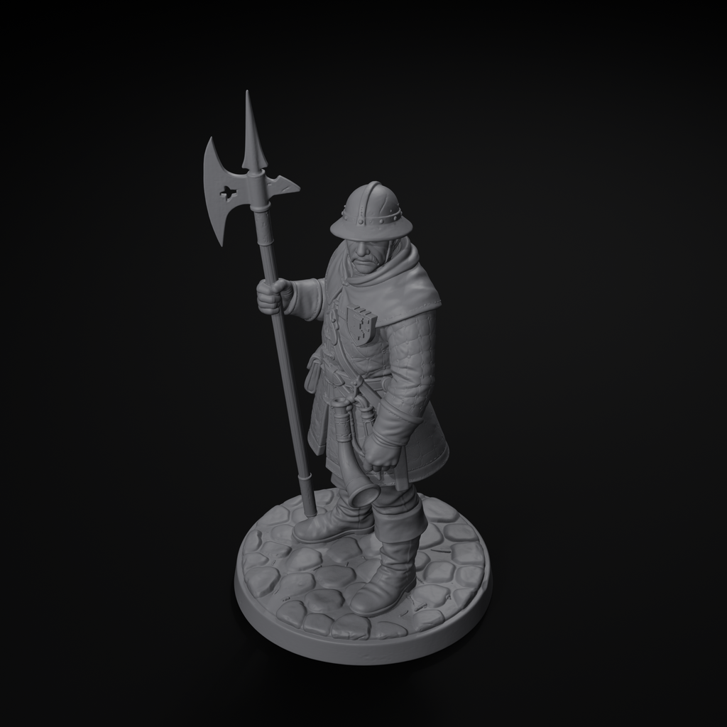 Town guard NPC D&D miniature, isometric view, unpainted resin