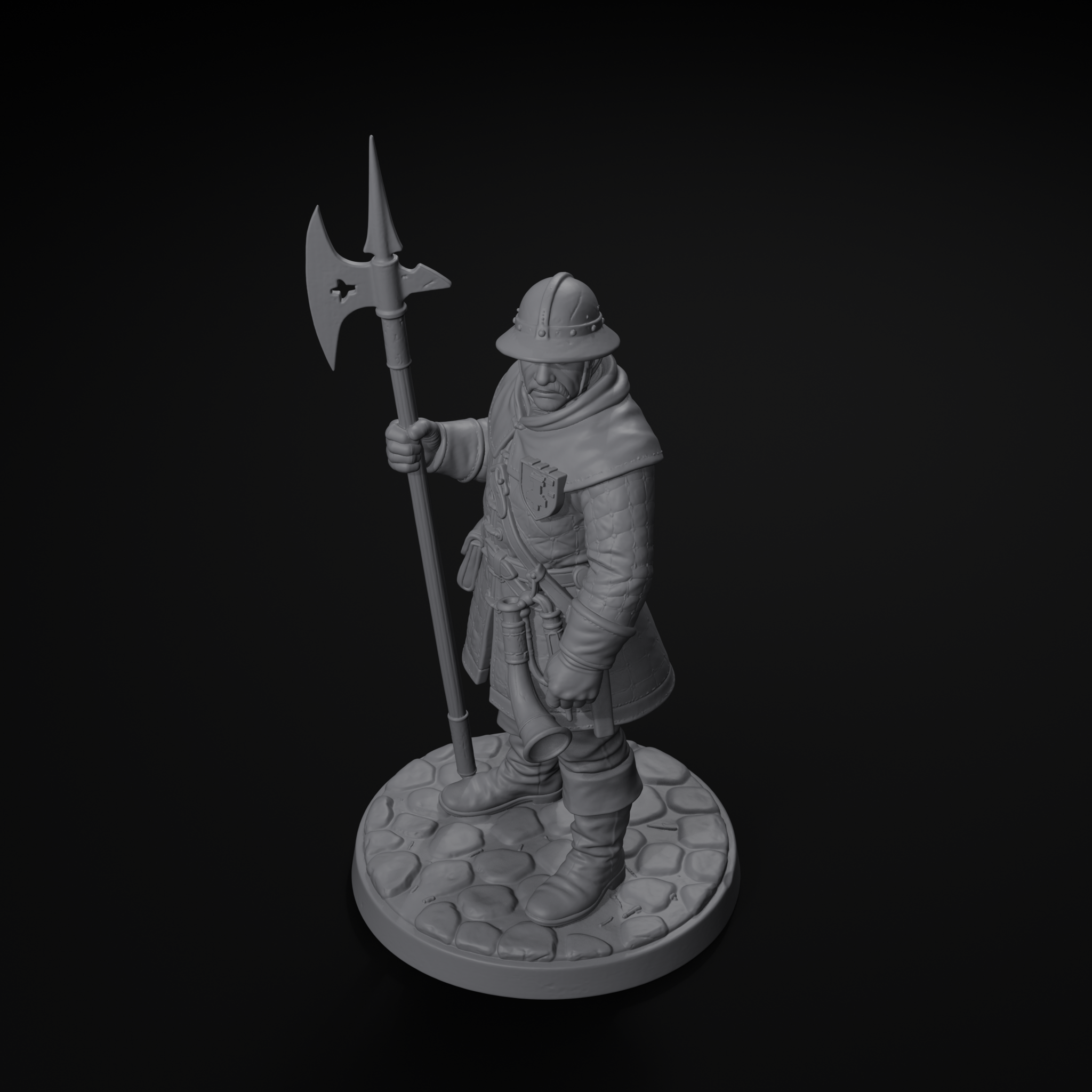 Town guard NPC D&D miniature, isometric view, unpainted resin
