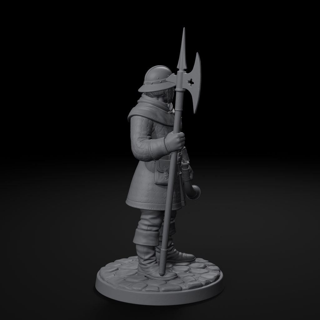 Town guard NPC D&D miniature, left view, unpainted resin