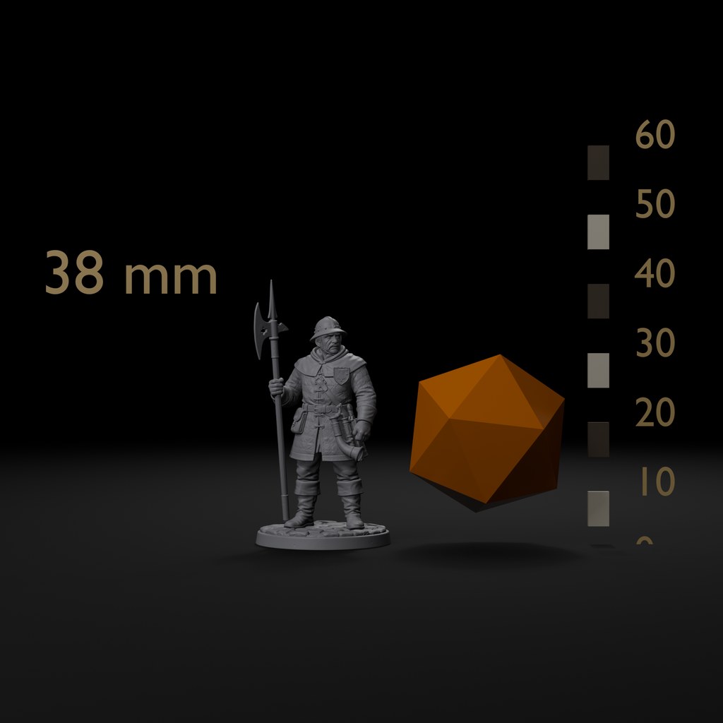 Town guard NPC D&D miniature size reference beside a 20mm d20 and a millimeter scale bar