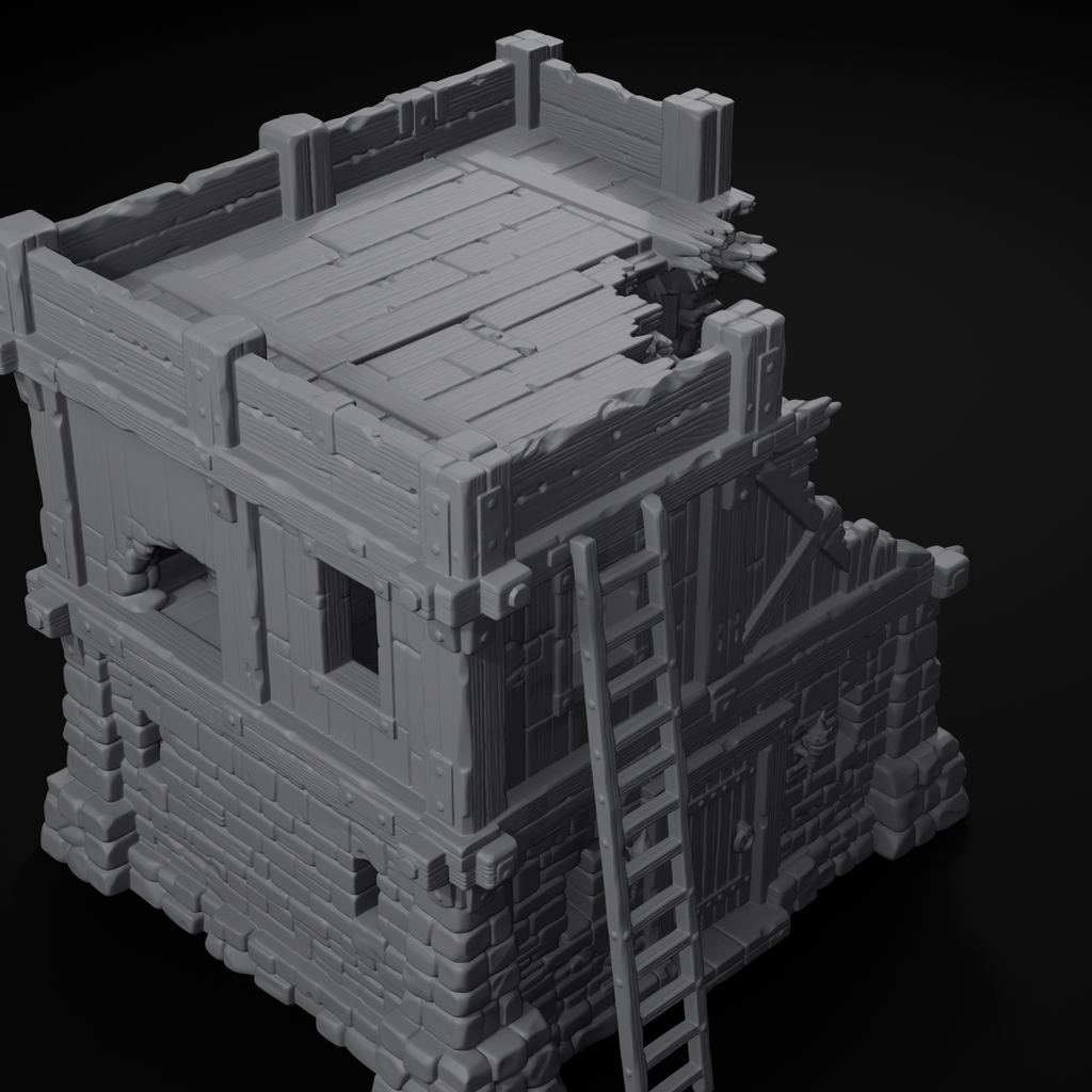 Watchtower terrain structure for D&D, isometric view, unpainted resin