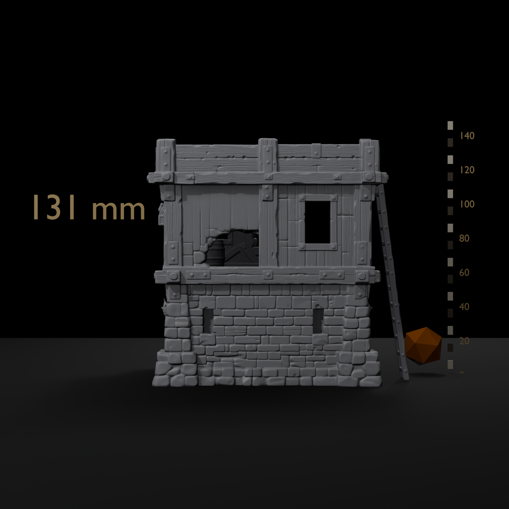 Watchtower terrain structure for D&D size reference beside a 20mm d20 and a millimeter scale bar