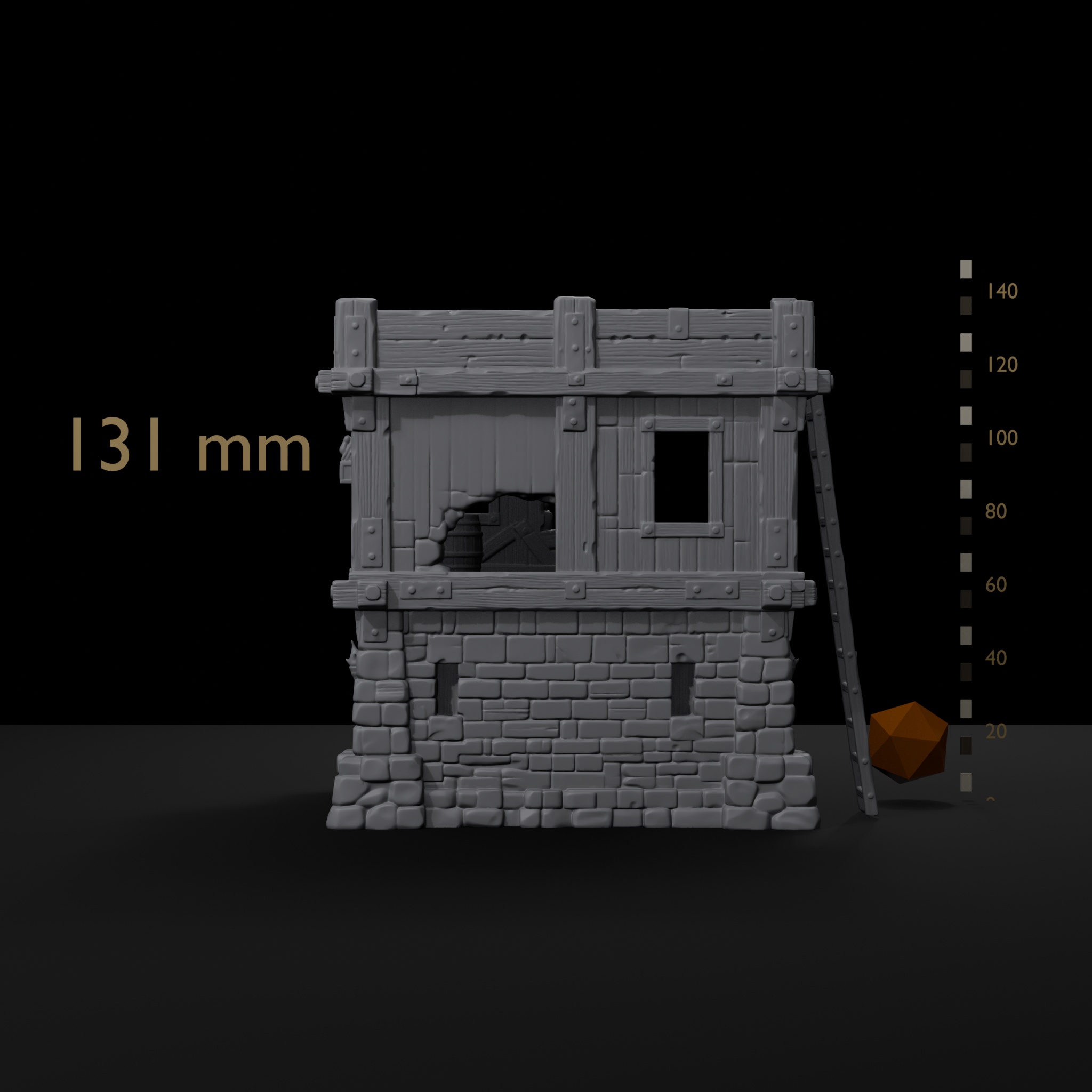 Watchtower terrain structure for D&D size reference beside a 20mm d20 and a millimeter scale bar