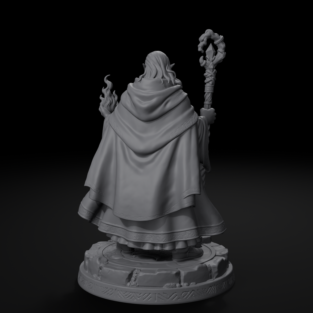Elf wizard D&D miniature, back view, unpainted resin