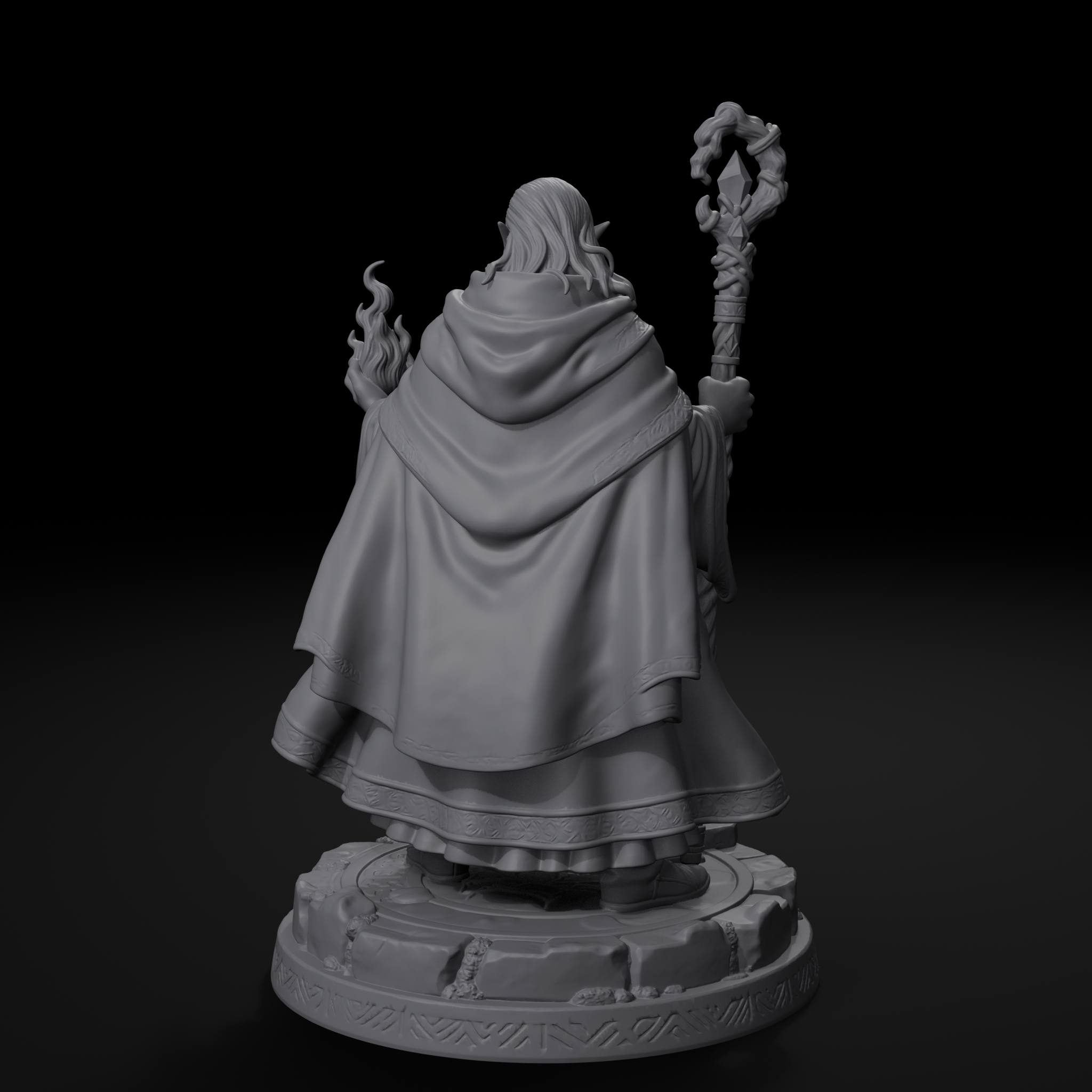 Elf wizard D&D miniature, back view, unpainted resin