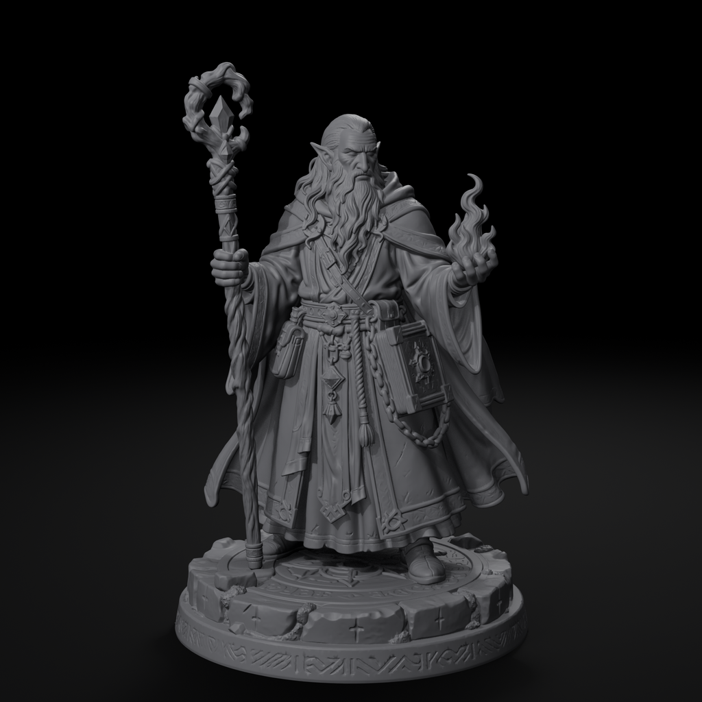 Heroes Pack — elf wizard miniature, front view, unpainted resin