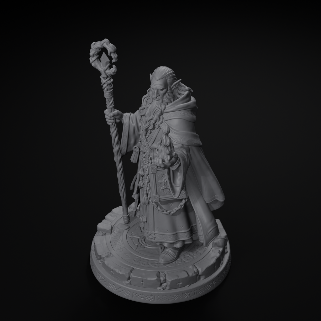 Elf wizard D&D miniature, isometric view, unpainted resin