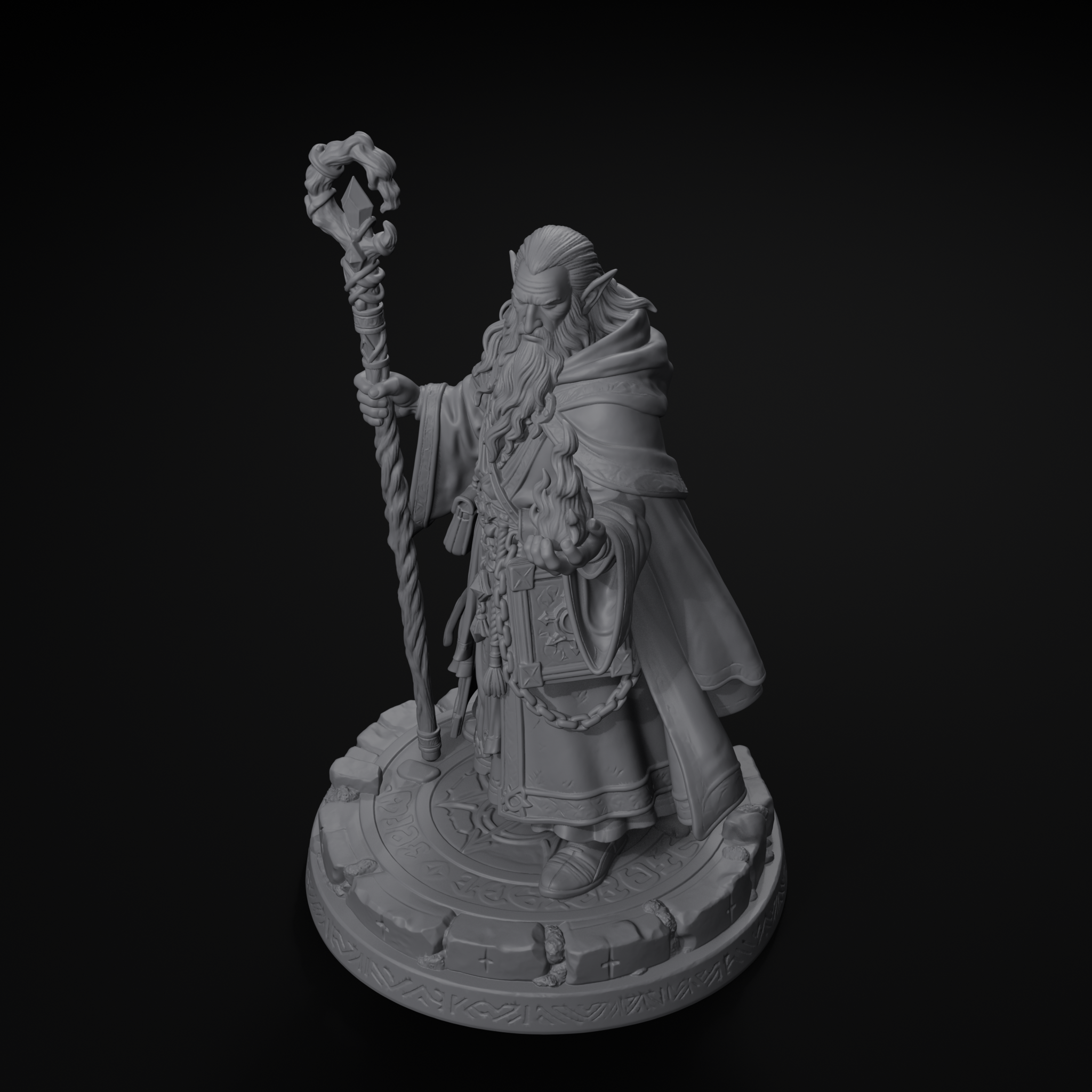 Elf wizard D&D miniature, isometric view, unpainted resin
