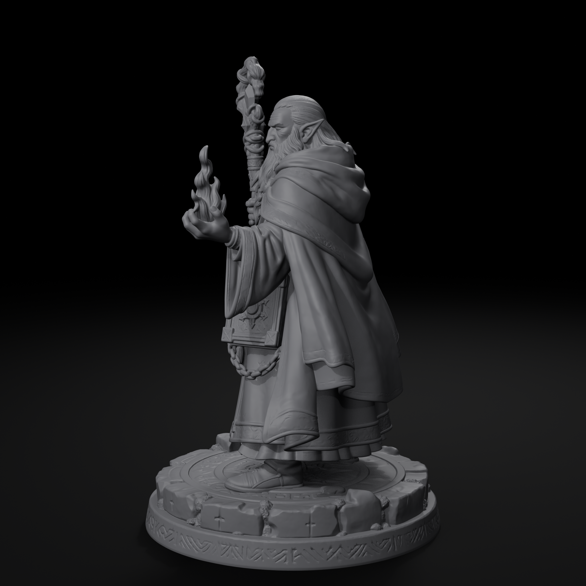 Elf wizard D&D miniature, right view, unpainted resin