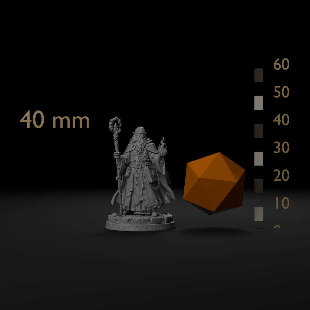 Elf wizard D&D miniature size reference beside a 20mm d20 and a millimeter scale bar