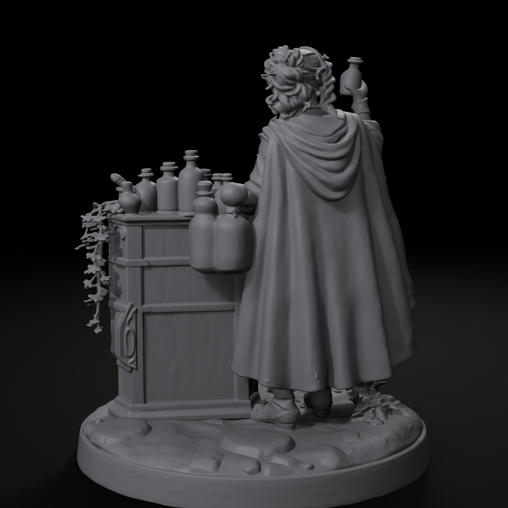 Yenna apothecary D&D miniature, back view, unpainted resin