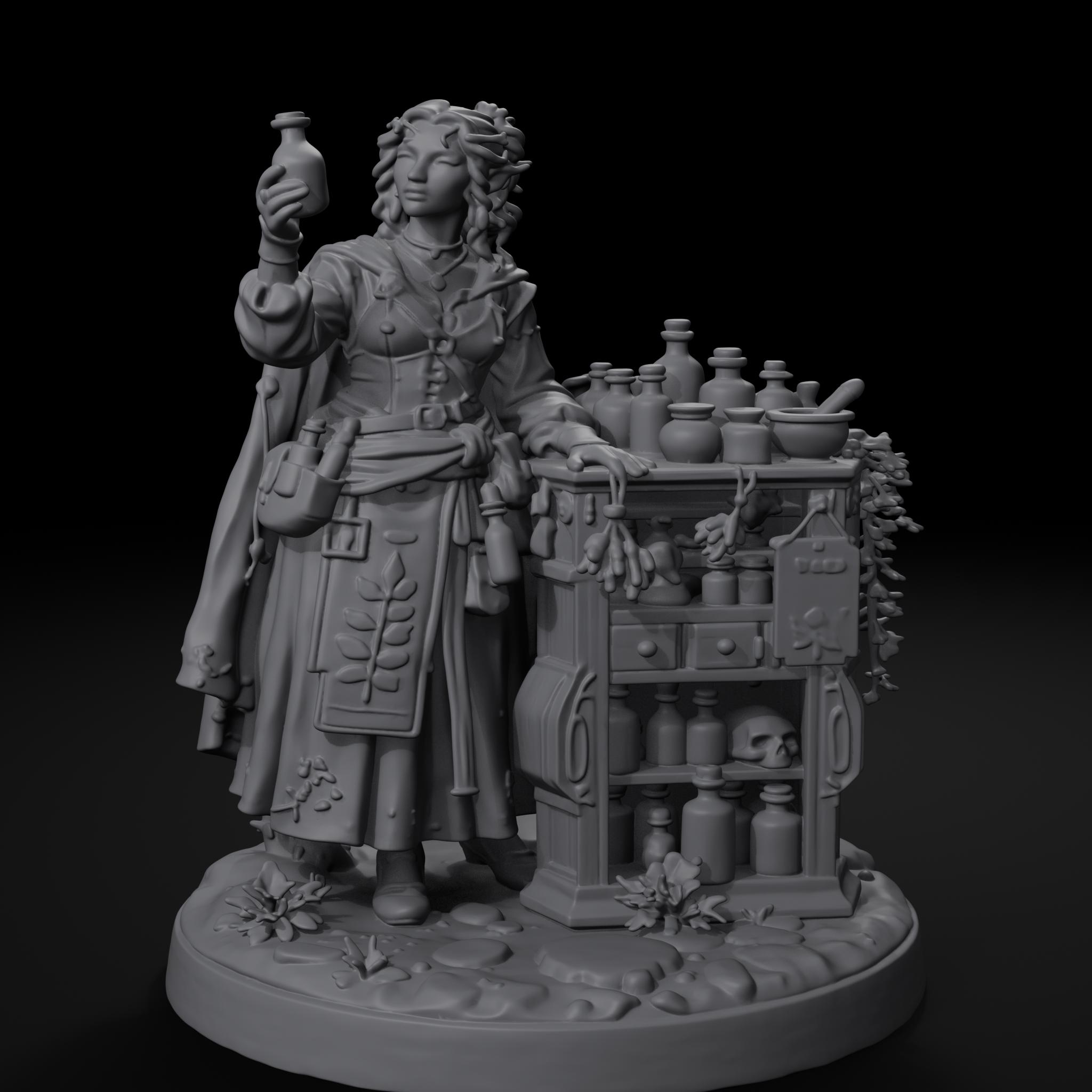 NPC Pack — apothecary miniature, front view, unpainted resin