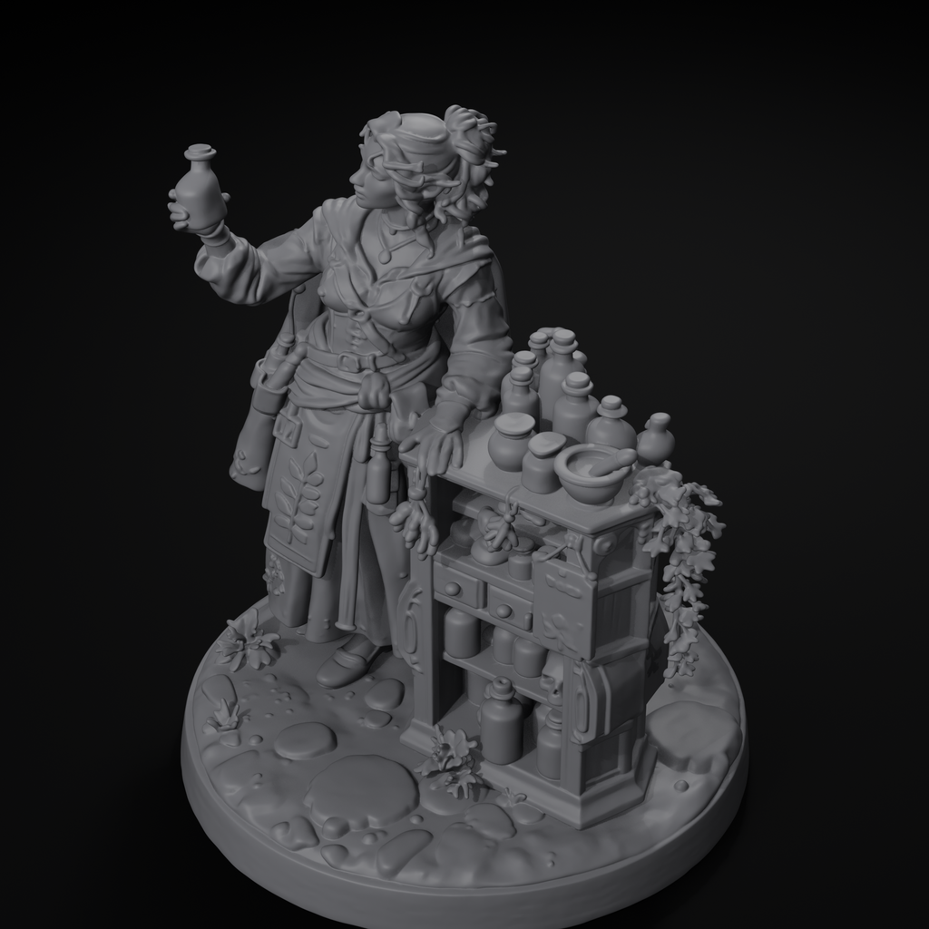 Yenna apothecary D&D miniature, isometric view, unpainted resin