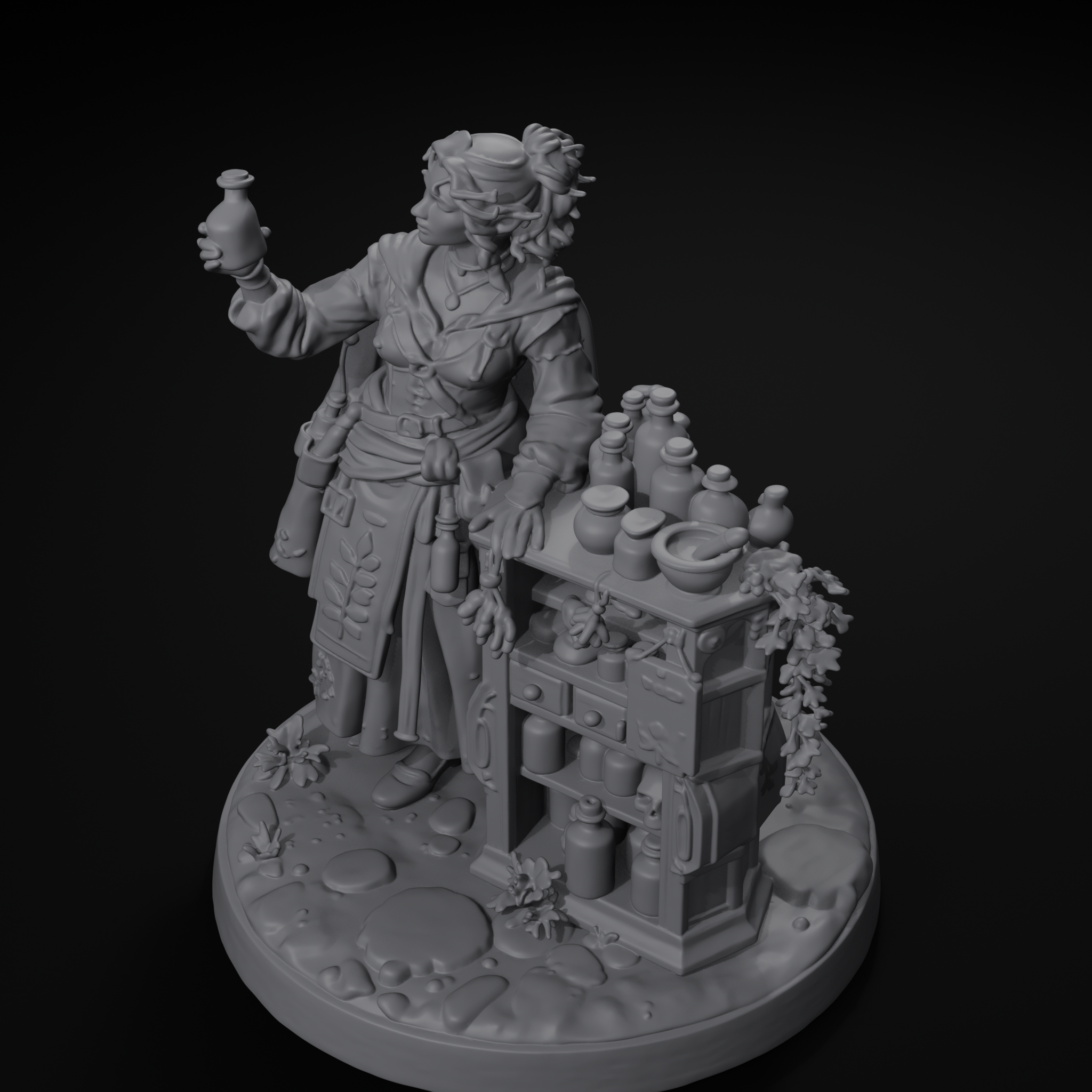Yenna apothecary D&D miniature, isometric view, unpainted resin