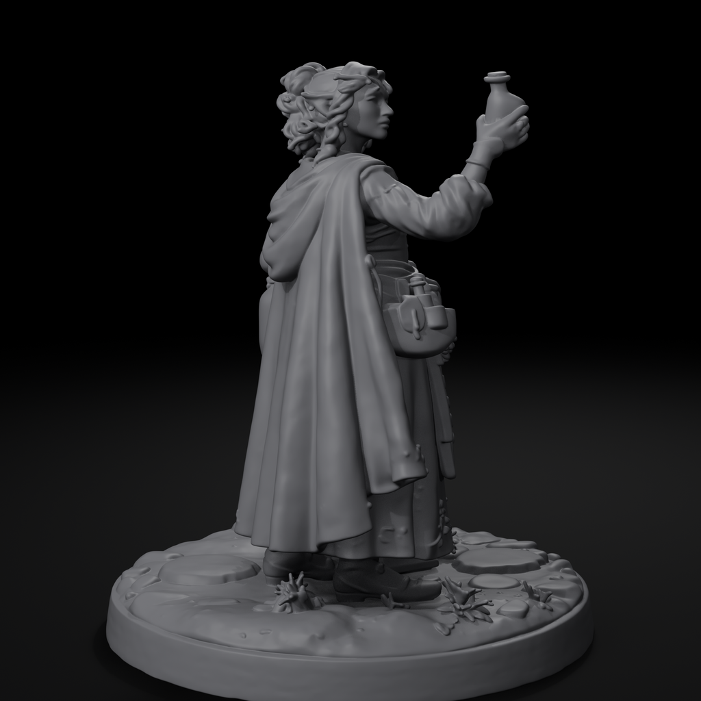 Yenna apothecary D&D miniature, left view, unpainted resin