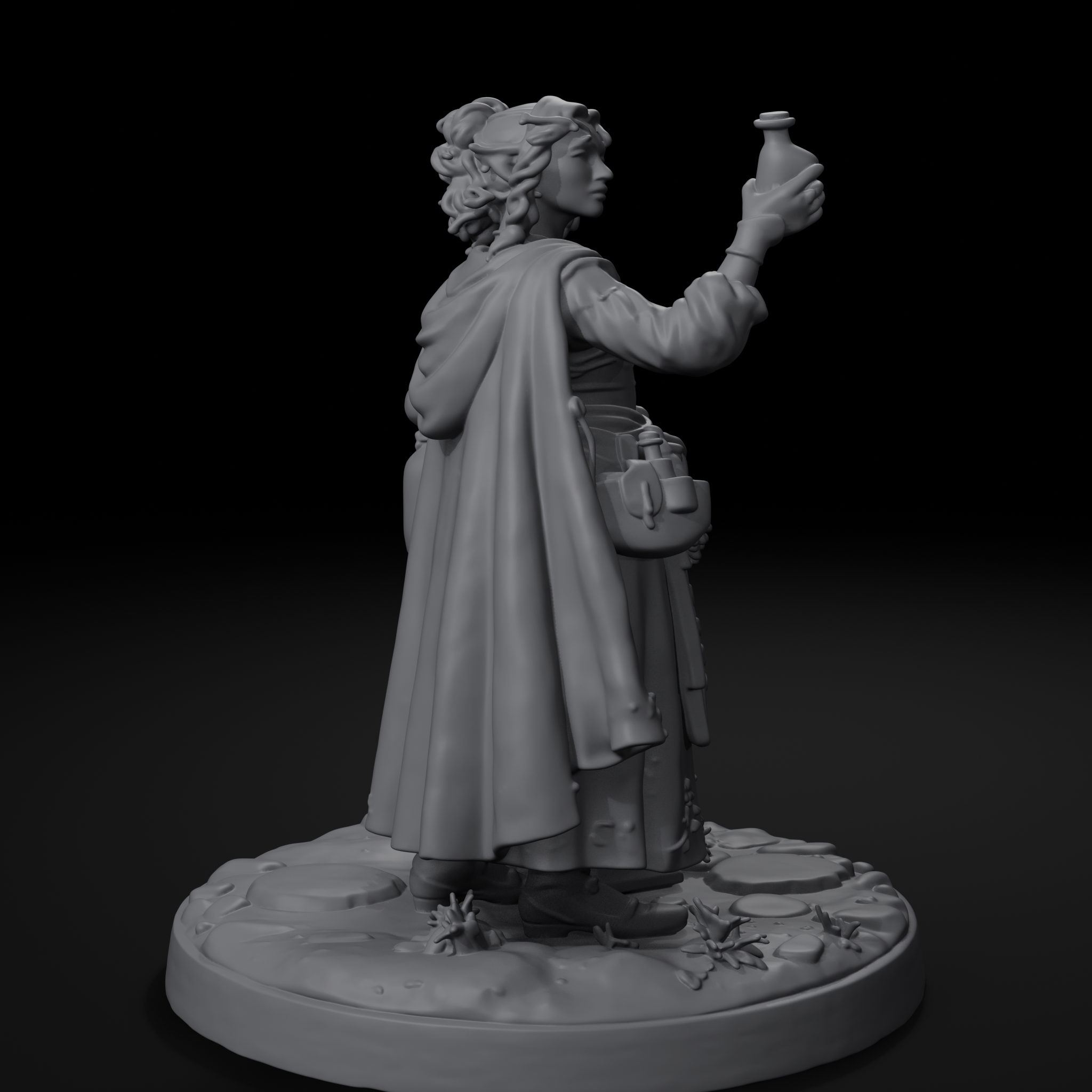 Yenna apothecary D&D miniature, left view, unpainted resin