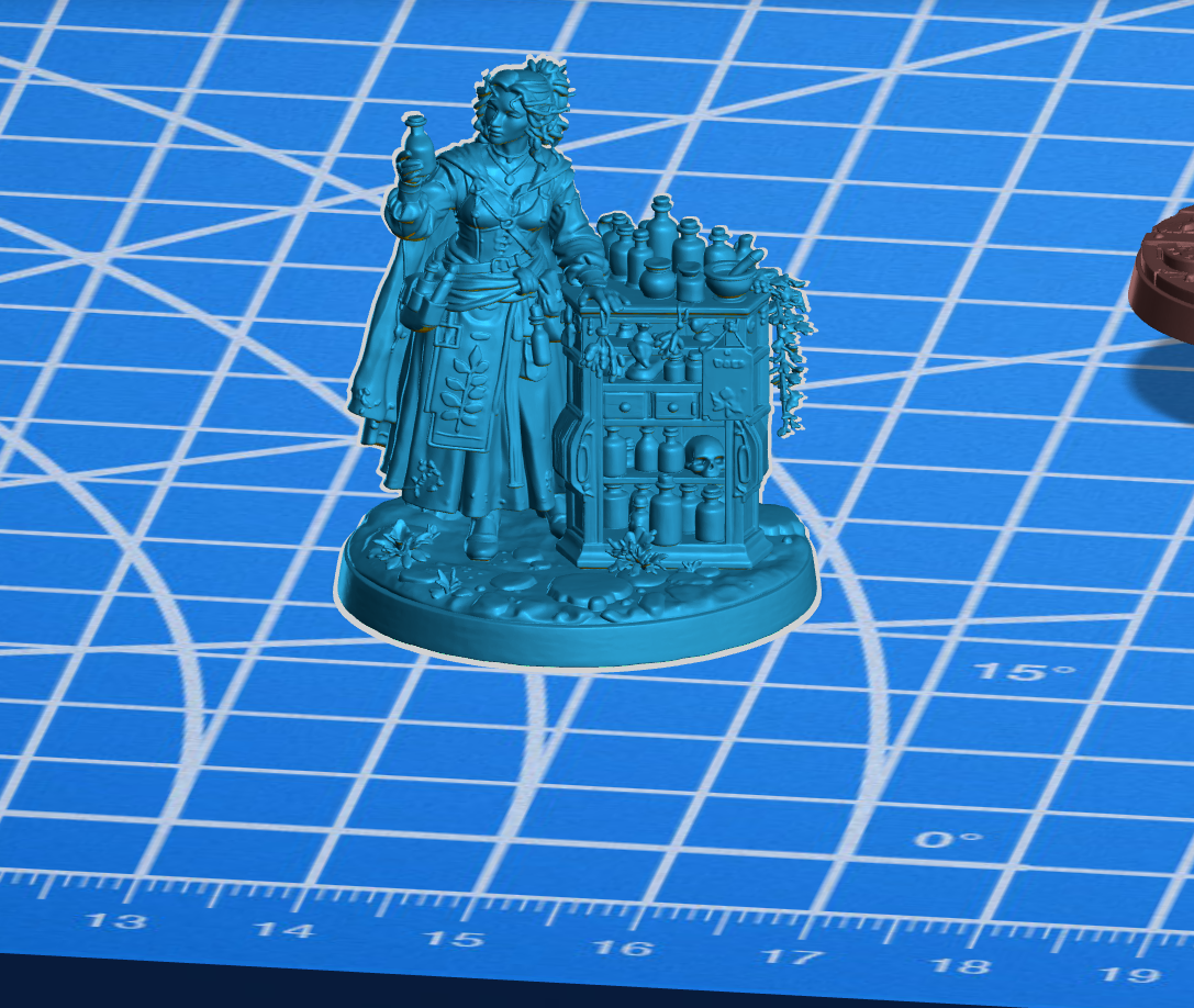 Example custom NPC miniature commission, apothecary with potion cabinet in resin
