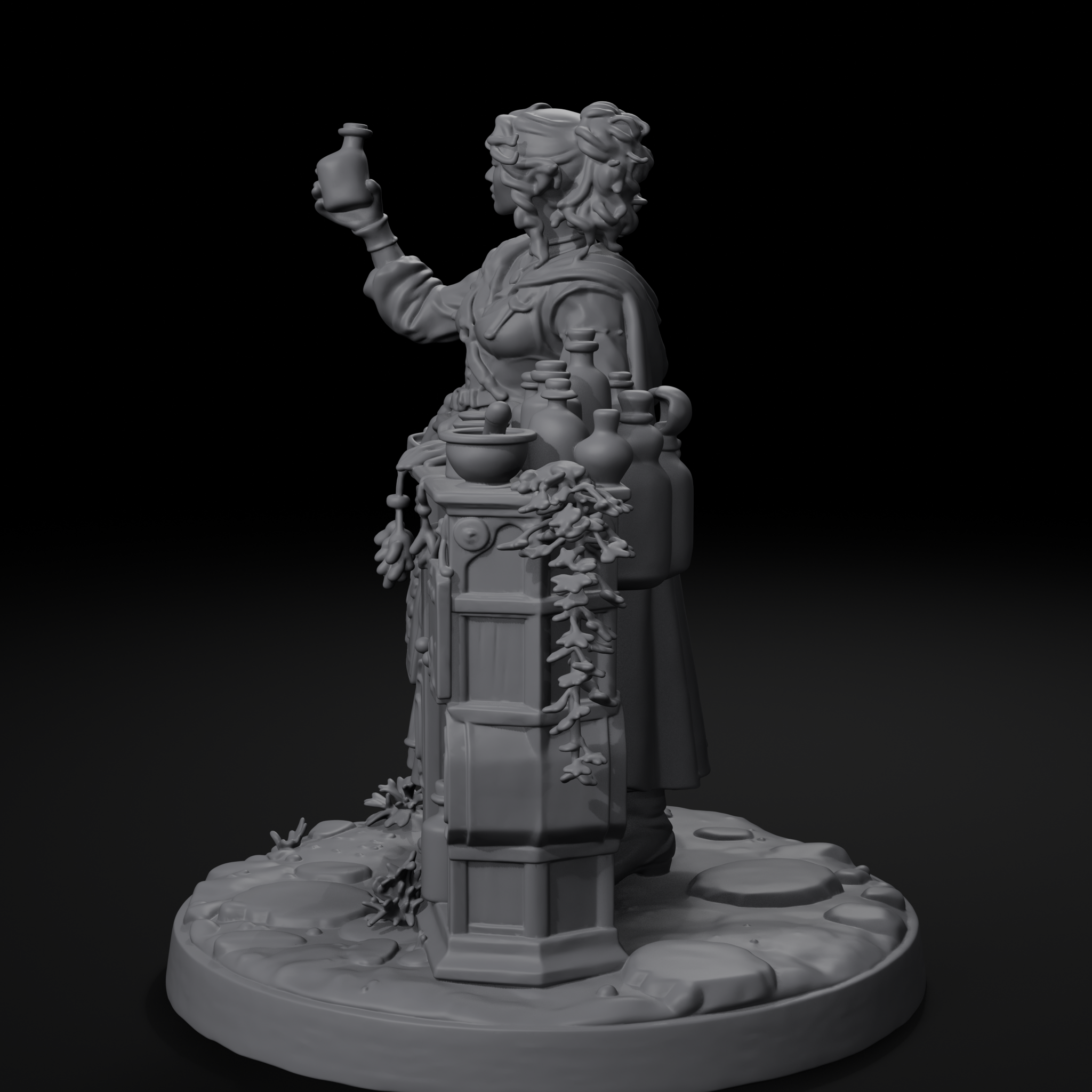 Yenna apothecary D&D miniature, right view, unpainted resin