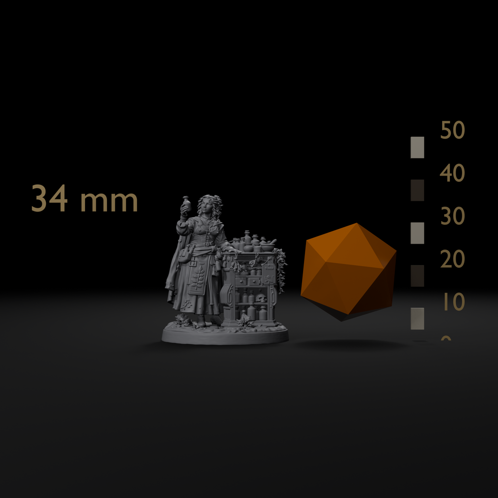 Yenna apothecary D&D miniature size reference beside a 20mm d20 and a millimeter scale bar