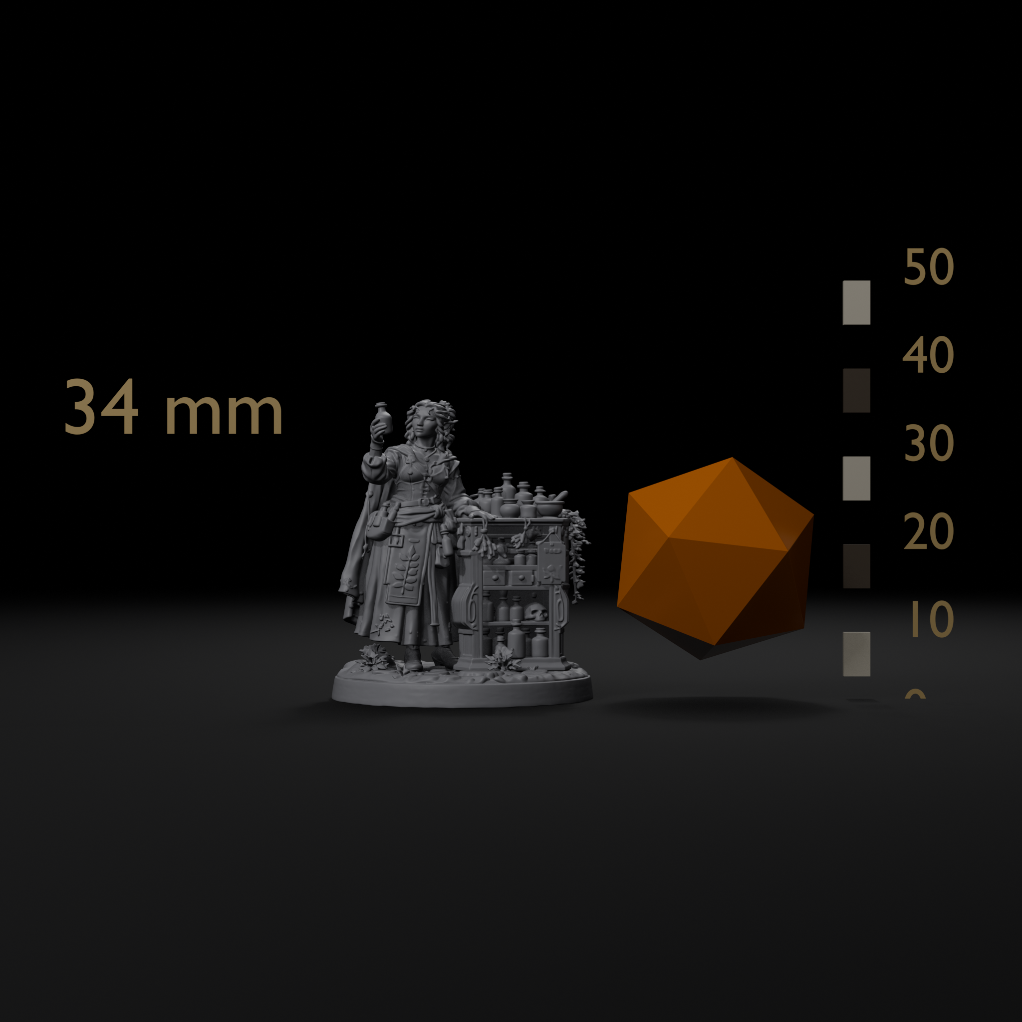 Yenna apothecary D&D miniature size reference beside a 20mm d20 and a millimeter scale bar